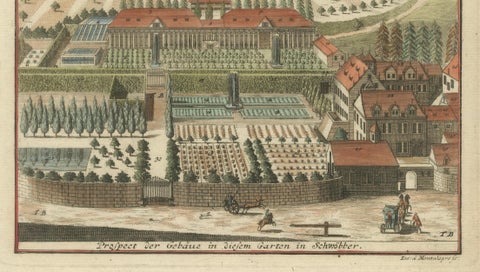 Grand Baroque Garden Estate View, Schwöbber Palace, Hand-Colored, 1708, close-up 6