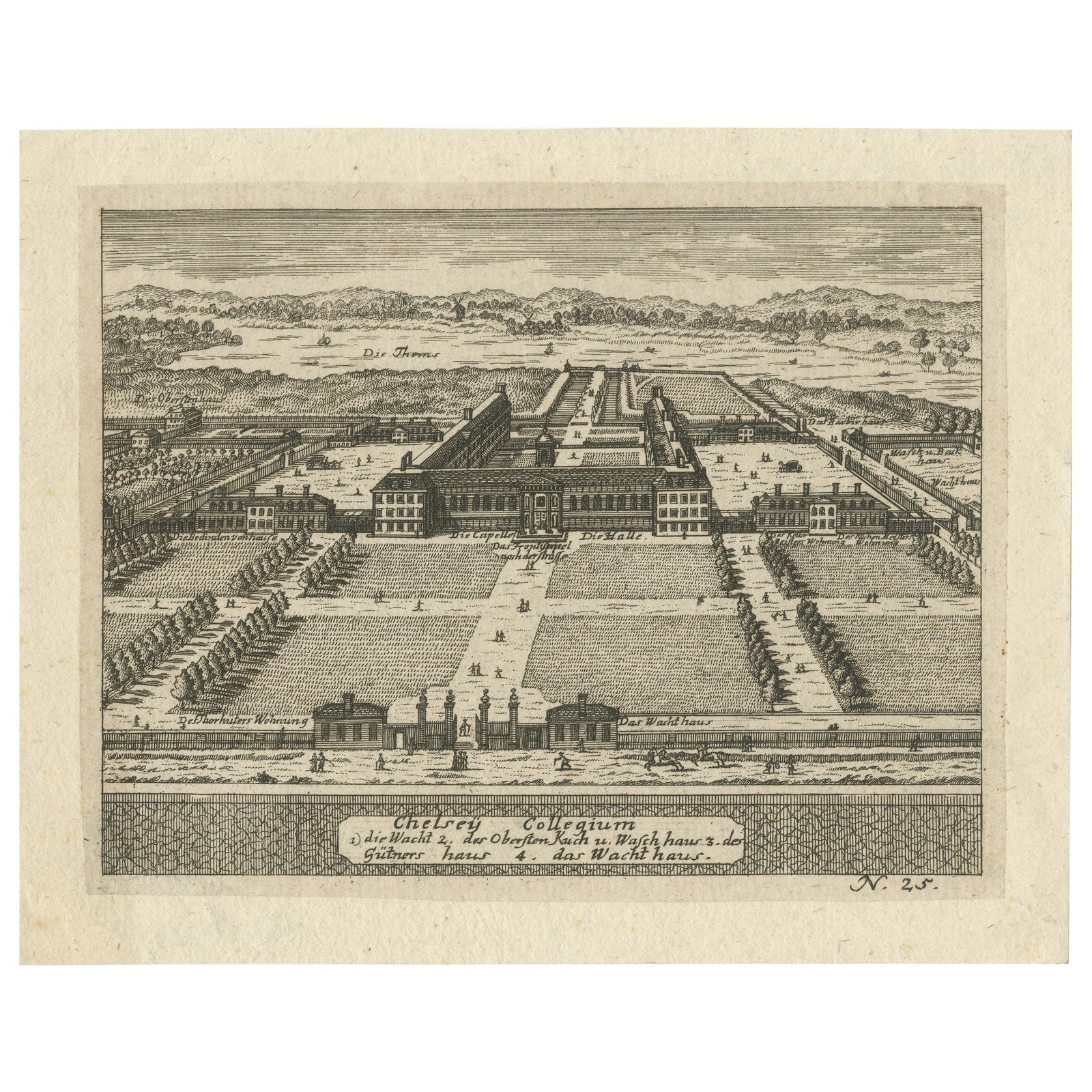 Antique Engraving of Chelsea College, View with Formal Gardens, ca.1705