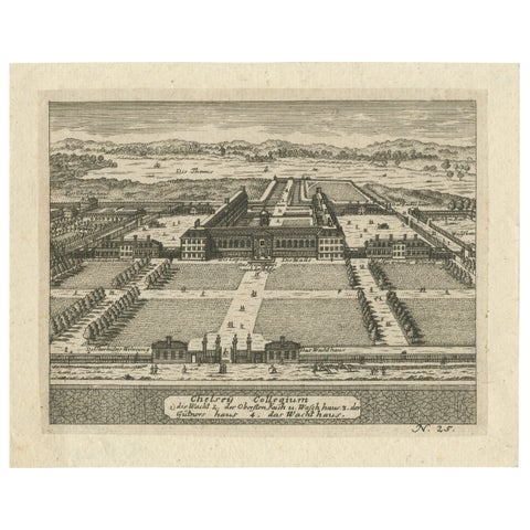 Antique Engraving of Chelsea College, View with Formal Gardens, ca.1705