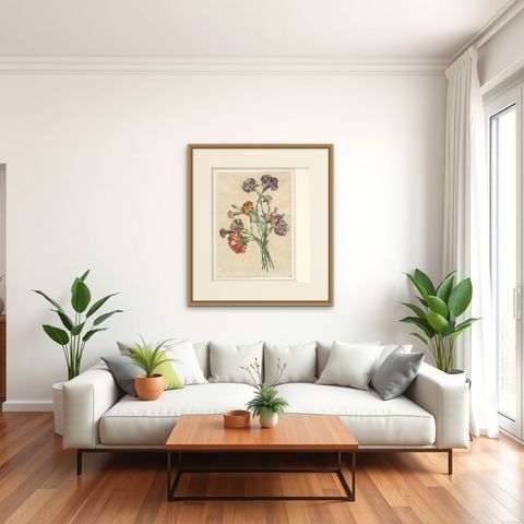 Antique Botanical Print of Carnations by Jean-Louis Prévost, 1805, shown framed in a room, true to size
