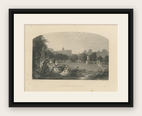 Antique Print of Figures in the Garden of Hampton Court Palace, 'c.1860', shown framed