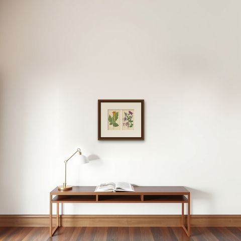 1897 Decorative Old Botanical Prints, Datura Sanguinea and Hybrid Petunias, shown framed on a wall, true to size