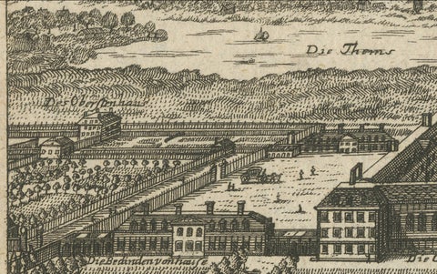 Antique Engraving of Chelsea College, View with Formal Gardens, ca.1705, close-up 3