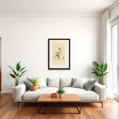Antique Botany Print of Cypripedium Calceolus by Curtis, circa 1817, shown framed in a room, true to size