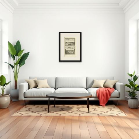Antique Print of the Gardens of an Estate in Heemskerk, Holland, circa 1730, shown framed in a room, true to size