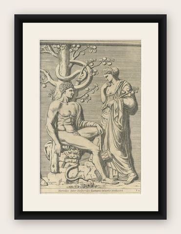 Antique Print of Hercules in the Garden of the Hesperides by Ferrari, 1646, shown framed