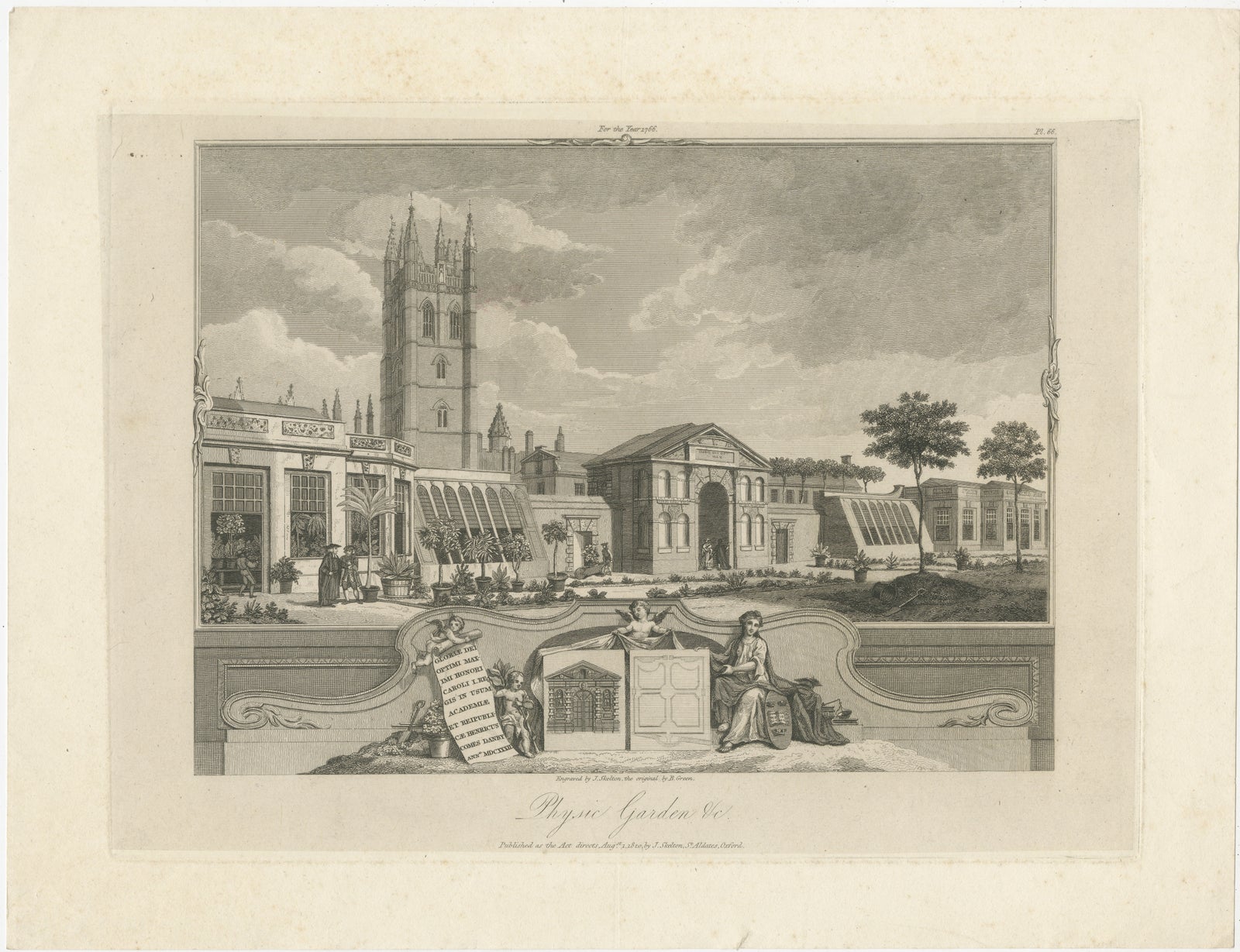 Antique Oxford Botanic Garden Engraving, Oxford Almanack, Benjamin Green, 1820
