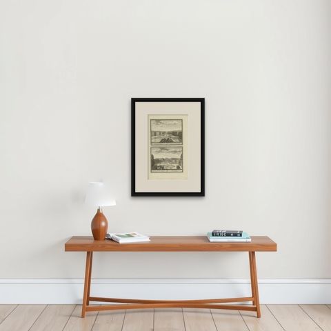Antique Print of the Gardens of an Estate in Heemskerk, Holland, circa 1730, shown framed on a wall, true to size