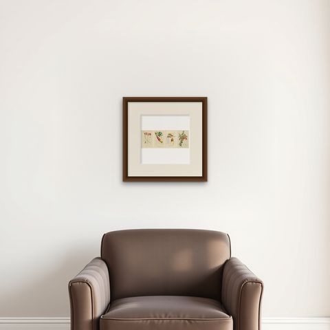 Floral Collection: Coral Drops, Prairie Gentian, Monkey Orchid, Bellflower, 1875, shown framed on a wall, true to size