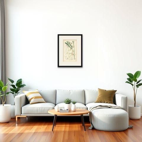 An Original Antique Palm Illustration of the Calamus Melanoloma, 1847, shown framed in a room, true to size