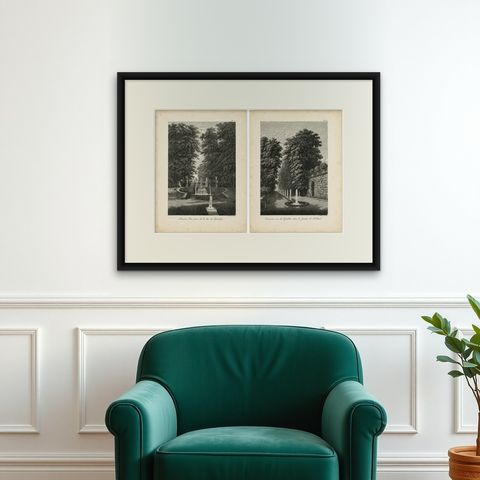 Set of Two Saint-Cloud Garden Fountain Engravings by Baltard, Paris, 1803, shown framed on a wall, true to size
