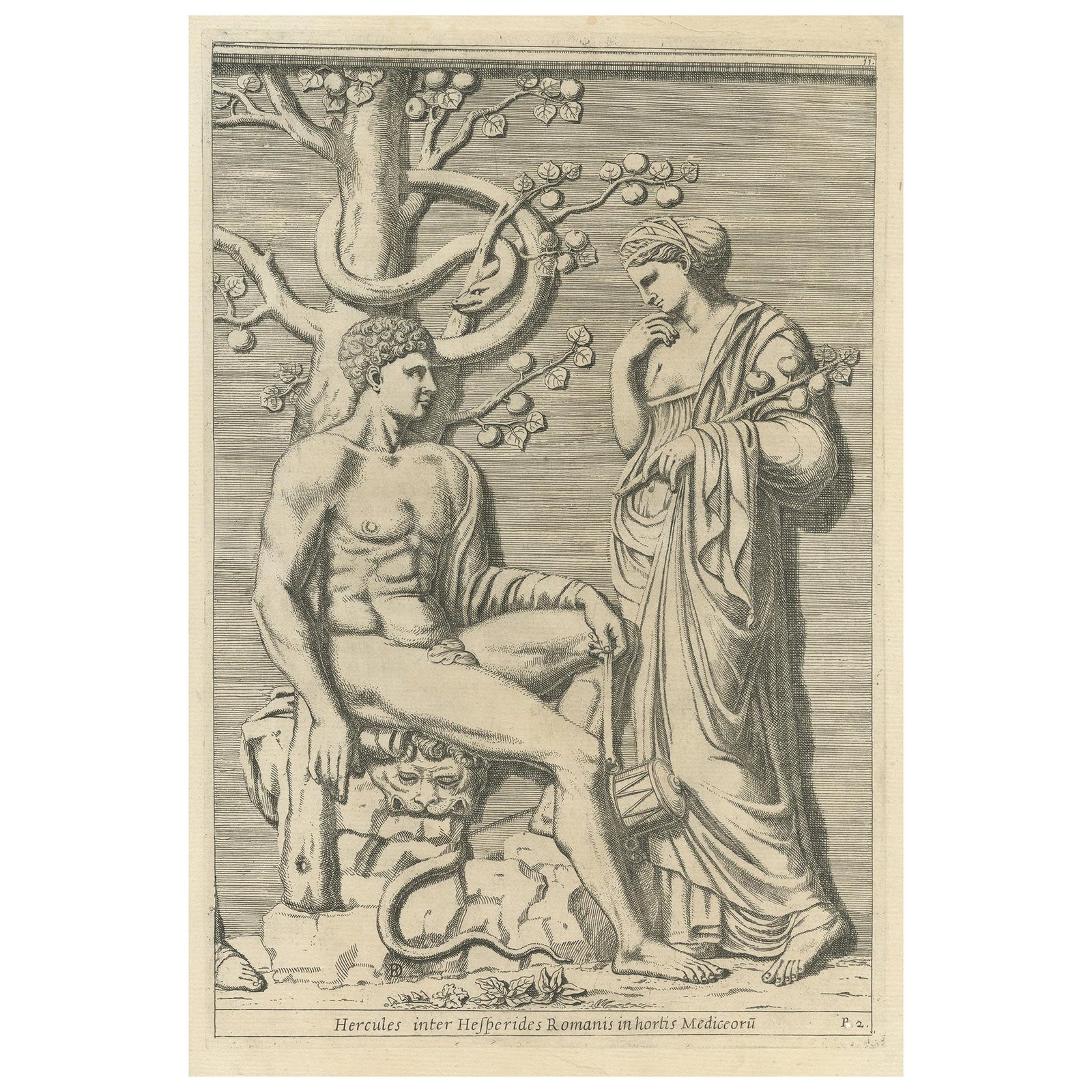 Antique Print of Hercules in the Garden of the Hesperides by Ferrari, 1646