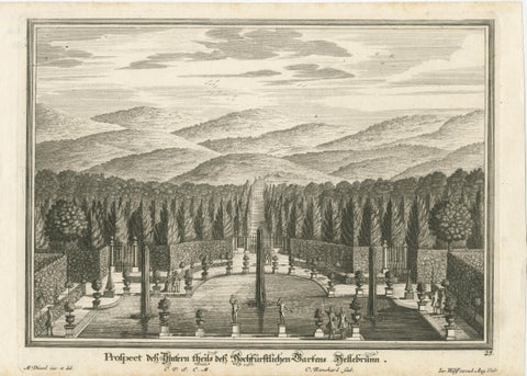 Pair of 18th-Century Garden Engravings, Hellbrunn & Trianon, Baroque Views, view 2