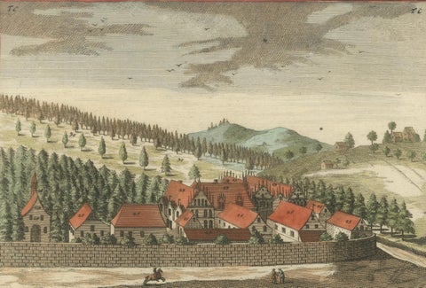 Grand Baroque Garden Estate View, Schwöbber Palace, Hand-Colored, 1708, close-up 4
