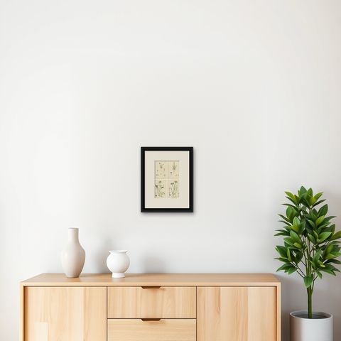 Antique English Botanical Interior Prints, Hare’s-ear & Water Dropwort, 1902, shown framed on a wall, true to size