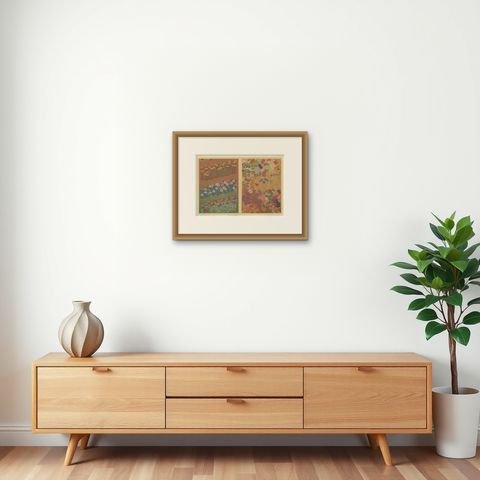 Japanese Garden Flowers in Bloom: Antique Lithograph, 1880s, shown framed on a wall, true to size